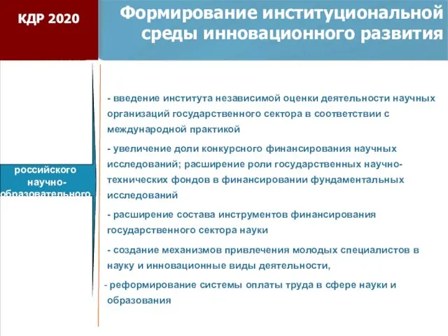 Формирование институциональной среды инновационного развития Развитие российского научно-образовательного потенциала - введение института