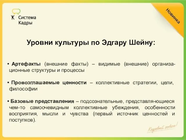 Уровни культуры по Эдгару Шейну: Артефакты (внешние факты) – видимые (внешние) организа-ционные