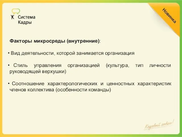 Факторы микросреды (внутренние): Вид деятельности, которой занимается организация Стиль управления организацией (культура,