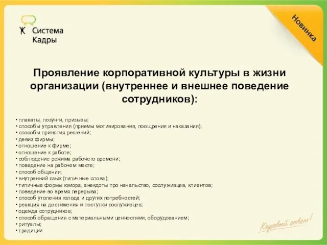 Проявление корпоративной культуры в жизни организации (внутреннее и внешнее поведение сотрудников): плакаты,