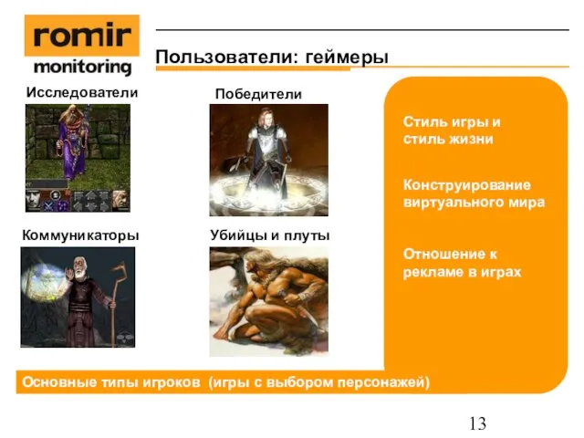 Пользователи: геймеры Текст Основные типы игроков (игры с выбором персонажей) Исследователи Победители