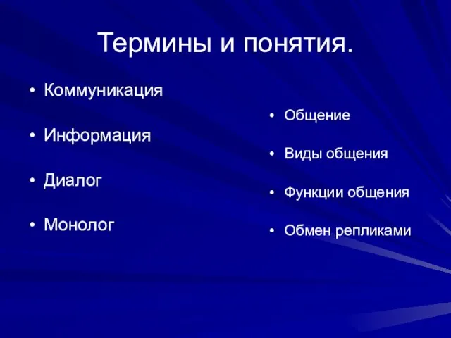 Термины и понятия. Коммуникация Информация Диалог Монолог Общение Виды общения Функции общения Обмен репликами