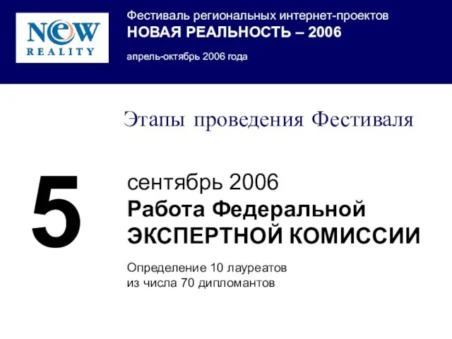 Этапы проведения Фестиваля сентябрь 2006 Работа Федеральной ЭКСПЕРТНОЙ КОМИССИИ Определение 10 лауреатов