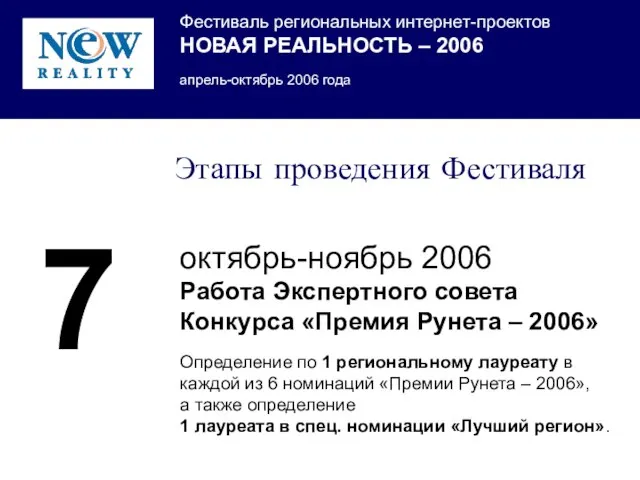 Этапы проведения Фестиваля октябрь-ноябрь 2006 Работа Экспертного совета Конкурса «Премия Рунета –