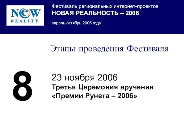 Этапы проведения Фестиваля 23 ноября 2006 Третья Церемония вручения «Премии Рунета – 2006» 8