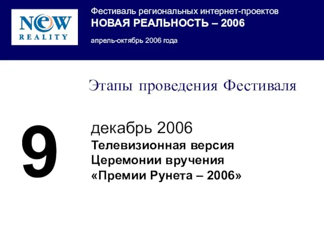 Этапы проведения Фестиваля декабрь 2006 Телевизионная версия Церемонии вручения «Премии Рунета – 2006» 9