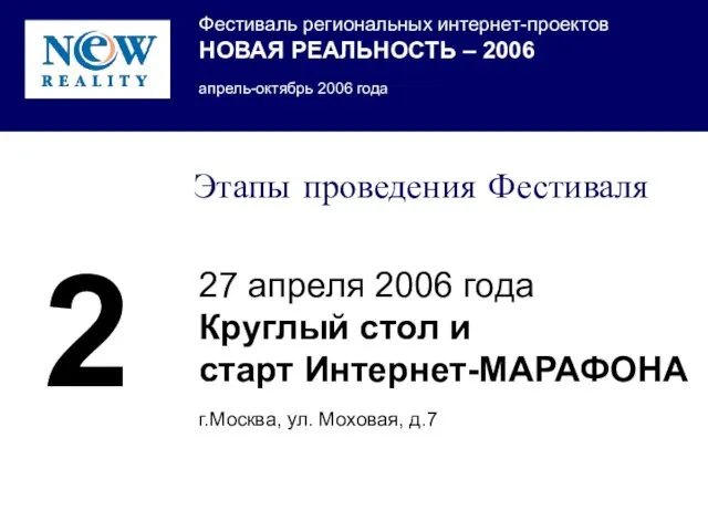 Этапы проведения Фестиваля 27 апреля 2006 года Круглый стол и старт Интернет-МАРАФОНА