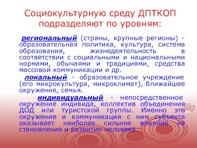 Социокультурную среду ДПТКОП подразделяют по уровням: региональный (страны, крупные регионы) - образовательная