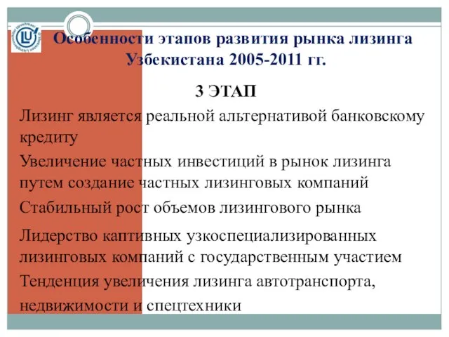 Особенности этапов развития рынка лизинга Узбекистана 2005-2011 гг. 3 ЭТАП Лизинг является