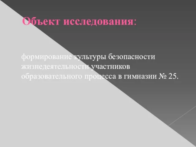 Объект исследования: формирование культуры безопасности жизнедеятельности участников образовательного процесса в гимназии № 25.