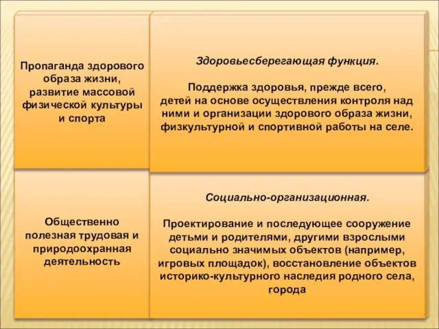 Общественно полезная трудовая и природоохранная деятельность Пропаганда здорового образа жизни, развитие массовой