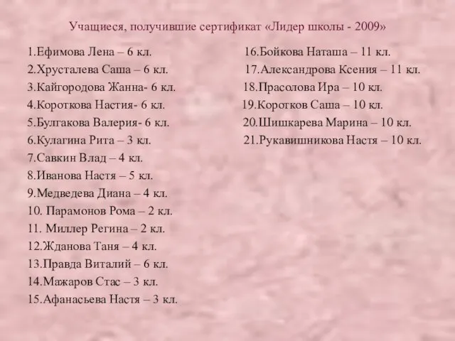 Учащиеся, получившие сертификат «Лидер школы - 2009» 1.Ефимова Лена – 6 кл.