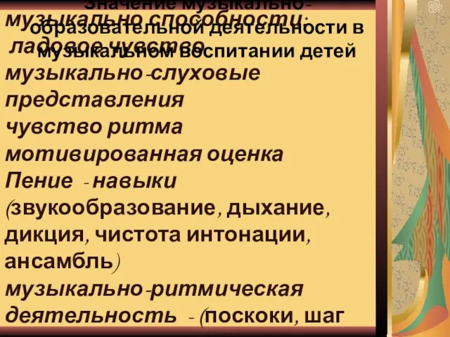 музыкально способности: ладовое чувство музыкально-слуховые представления чувство ритма мотивированная оценка Пение -