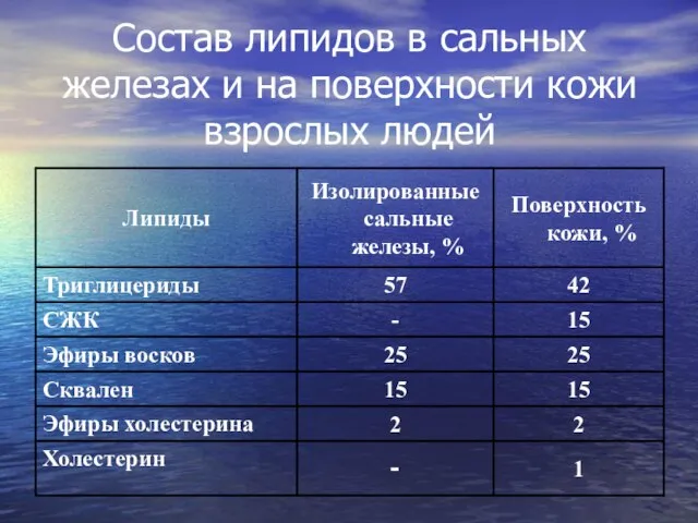 Состав липидов в сальных железах и на поверхности кожи взрослых людей