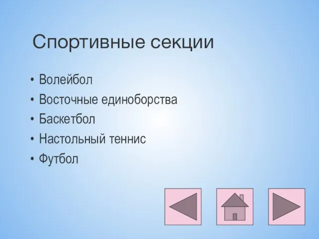 Спортивные секции Волейбол Восточные единоборства Баскетбол Настольный теннис Футбол