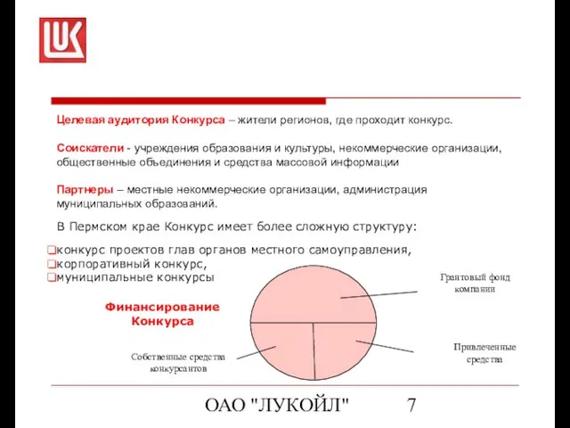 ОАО "ЛУКОЙЛ" Целевая аудитория Конкурса – жители регионов, где проходит конкурс. Соискатели