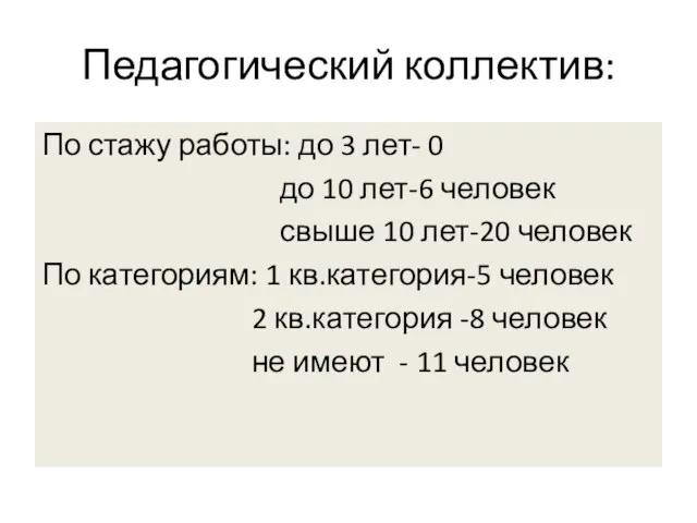 Педагогический коллектив: По стажу работы: до 3 лет- 0 до 10 лет-6