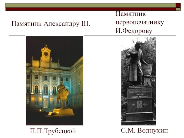 Памятник Александру III. П.П.Трубецкой Памятник первопечатнику И.Федорову С.М. Волнухин