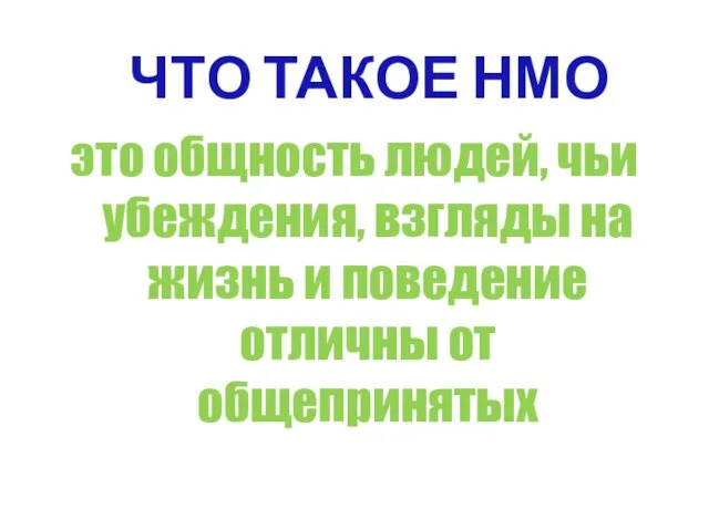 ЧТО ТАКОЕ НМО это общность людей, чьи убеждения, взгляды на жизнь и поведение отличны от общепринятых