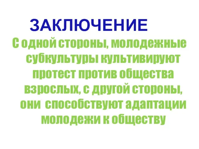 ЗАКЛЮЧЕНИЕ С одной стороны, молодежные субкультуры культивируют протест против общества взрослых, с