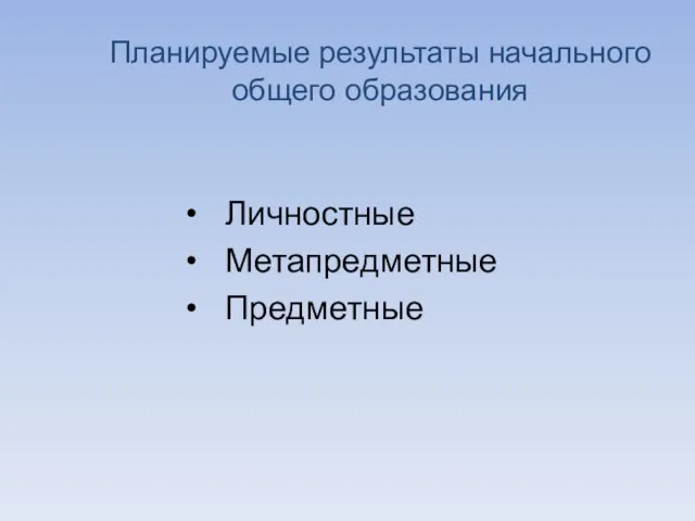 Планируемые результаты начального общего образования Личностные Метапредметные Предметные