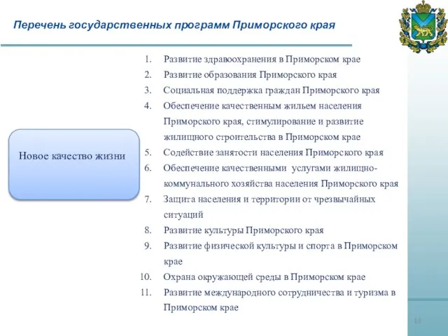 Перечень государственных программ Приморского края Новое качество жизни Развитие здравоохранения в Приморском