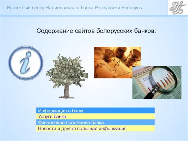 Содержание сайтов белорусских банков: Информация о банке Услуги банка Финансовое положение банка
