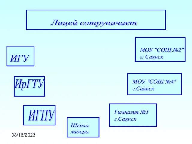 08/16/2023 Лицей сотруничает ИГУ ИрГТУ ИГПУ МОУ "СОШ №2" г. Саянск МОУ