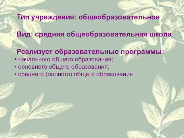 Тип учреждения: общеобразовательное Вид: средняя общеобразовательная школа Реализует образовательные программы: начального общего