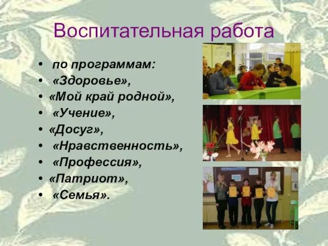 Воспитательная работа по программам: «Здоровье», «Мой край родной», «Учение», «Досуг», «Нравственность», «Профессия», «Патриот», «Семья».