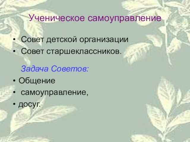 Ученическое самоуправление Совет детской организации Совет старшеклассников. Задача Советов: Общение самоуправление, досуг.