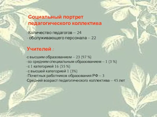 Социальный портрет педагогического коллектива Количество педагогов – 24 обслуживающего персонала – 22