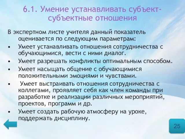 6.1. Умение устанавливать субъект-субъектные отношения В экспертном листе учителя данный показатель оценивается