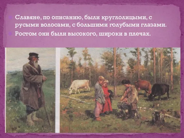 Славяне, по описанию, были круглолицыми, с русыми волосами, с большими голубыми глазами.