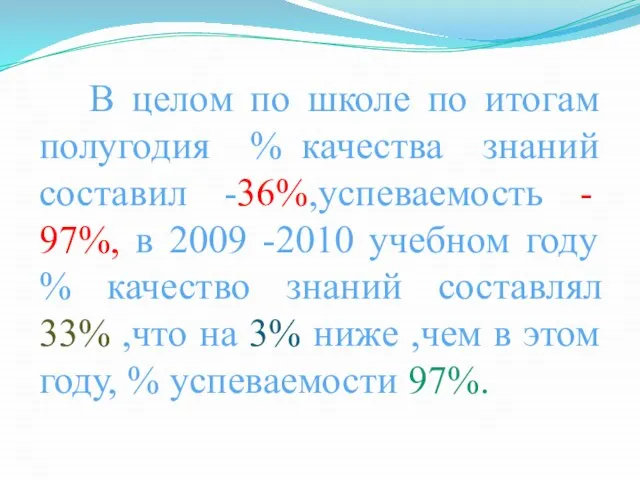 В целом по школе по итогам полугодия % качества знаний составил -36%,успеваемость