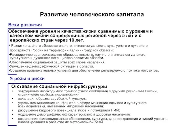 Развитие человеческого капитала Отставание социальной инфраструктуры затруднение необходимого транспортного сообщения с другими