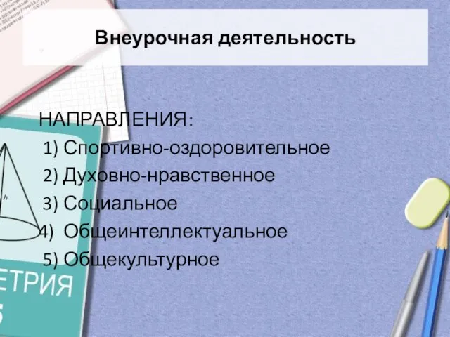 Внеурочная деятельность НАПРАВЛЕНИЯ: 1) Спортивно-оздоровительное 2) Духовно-нравственное 3) Социальное 4) Общеинтеллектуальное 5) Общекультурное