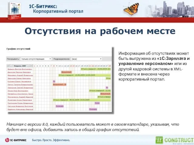 Отсутствия на рабочем месте Информация об отсутствиях может быть выгружена из «1С:Зарплата