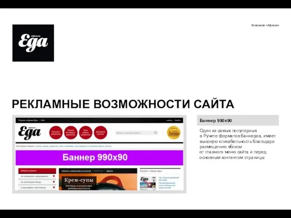 Компания «Афиша» РЕКЛАМНЫЕ ВОЗМОЖНОСТИ САЙТА Баннер 990х90 Один из самых популярных в