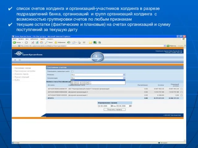 список счетов холдинга и организаций-участников холдинга в разрезе подразделений банка, организаций и