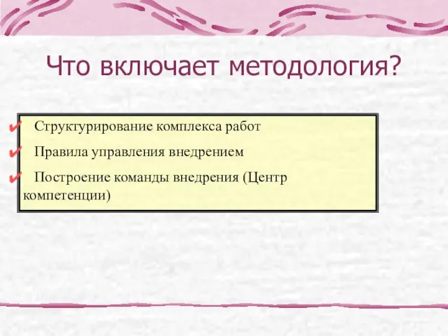 Структурирование комплекса работ Правила управления внедрением Построение команды внедрения (Центр компетенции) Что включает методология?