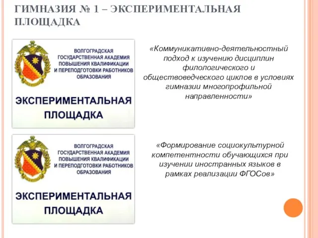 ГИМНАЗИЯ № 1 – ЭКСПЕРИМЕНТАЛЬНАЯ ПЛОЩАДКА «Коммуникативно-деятельностный подход к изучению дисциплин филологического