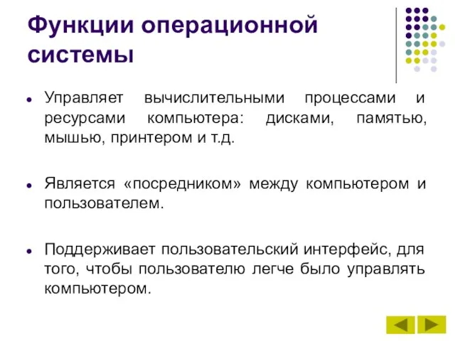 Функции операционной системы Управляет вычислительными процессами и ресурсами компьютера: дисками, памятью, мышью,