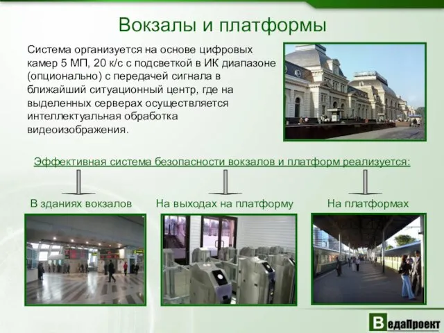 Вокзалы и платформы Система организуется на основе цифровых камер 5 МП, 20