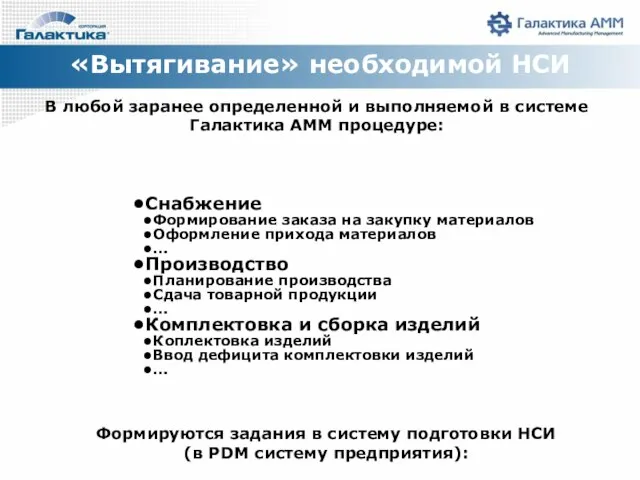 «Вытягивание» необходимой НСИ Снабжение Формирование заказа на закупку материалов Оформление прихода материалов