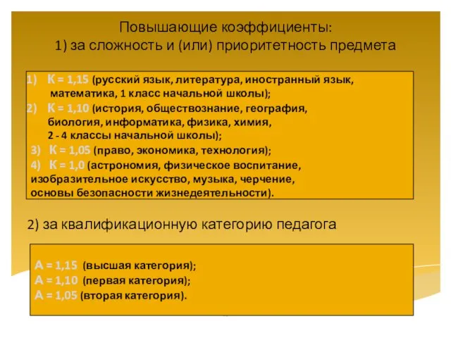 Повышающие коэффициенты: 1) за сложность и (или) приоритетность предмета К = 1,15