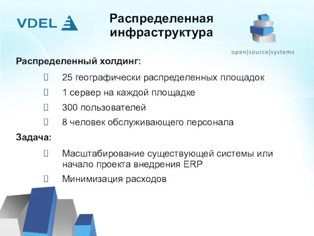 Распределенная инфраструктура Распределенный холдинг: 25 географически распределенных площадок 1 сервер на каждой