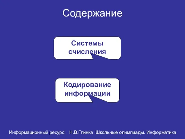 Содержание Системы счисления Кодирование информации Информационный ресурс: Н.В.Глинка Школьные олимпиады. Информатика