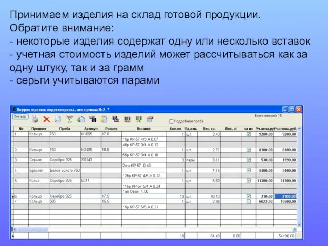 Принимаем изделия на склад готовой продукции. Обратите внимание: - некоторые изделия содержат