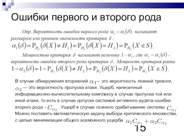 Ошибки первого и второго рода В случае обнаружения вторжений — это вероятность